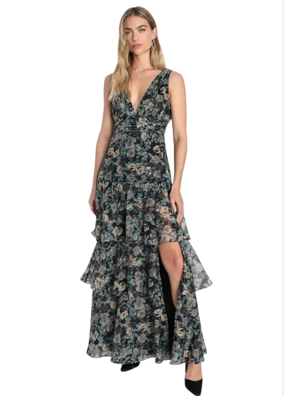 Lulus Sweeping Sensation Black Floral Print Organza Pleated Maxi Dress sz L -NWT